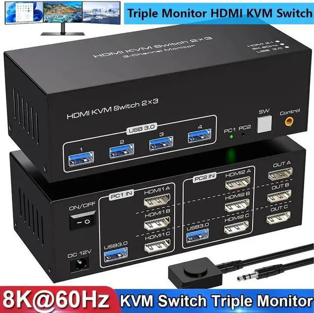 Main image of JAENFONG8K@60Hz HDMI KVM Switch 3 Monitors 2 Computers, USB 3.0 Triple Monitor KVM Switcher with 4 USB Ports for 2 PCs Support Extended&Copy Mode, Wired Controller 12V DC Adapter 2 USB Cables Included