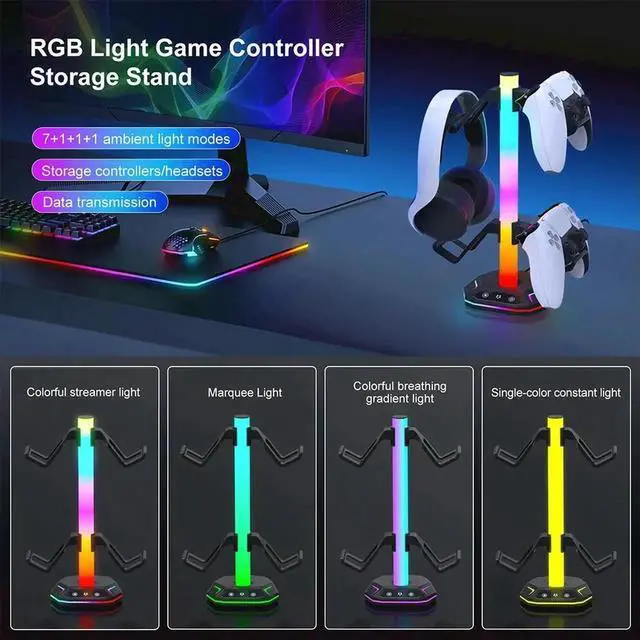 Alt view image 4 of 4 - RGB Earphone Hanger 9 Light Modes for Desk W/ USB +Type C Charging +USB Data Ports for PS5/PS4/Xbox/Switch Pro Gamepad & Headset