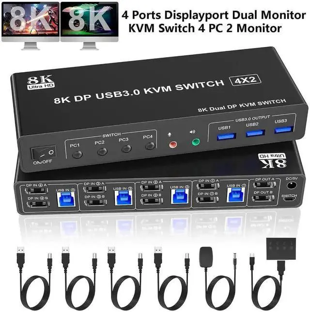 Main image of 8K@60Hz Displayport USB 3.0 KVM Switch for 2 Monitors 4 Computer, 4 Port DP1.4 Dual Monitor KVM Switch with Audio Microphone Output and 3 USB 3.0 Ports, 8K DP Monitor Switch for 4 PCs 2 Monitor