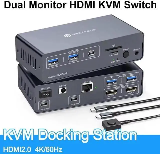 Main image of USB C Thunderbolt 3 KVM Switch for Laptop with Dual HDMI Monitor 4K@60Hz, 12 in 1 USB C HUB KVM Docking Station with 10Gbps USB 3.2 Ports 1000Mbps Ethernet Port for 2 Laptop Share 2 Monitors
