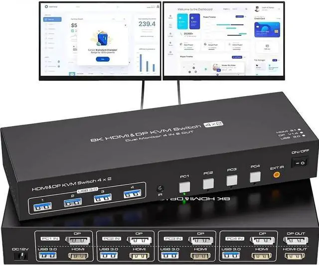 Main image of Dual Monitor HDMI+DP KVM Switch 4 Computers 2 Monitors 8K@60Hz 4K@120Hz 4 Port KVM Switches for 4 PC Share 4 USB 3.0 Devices Support Copy and Extend Mode, Remote Control and Power Adapter