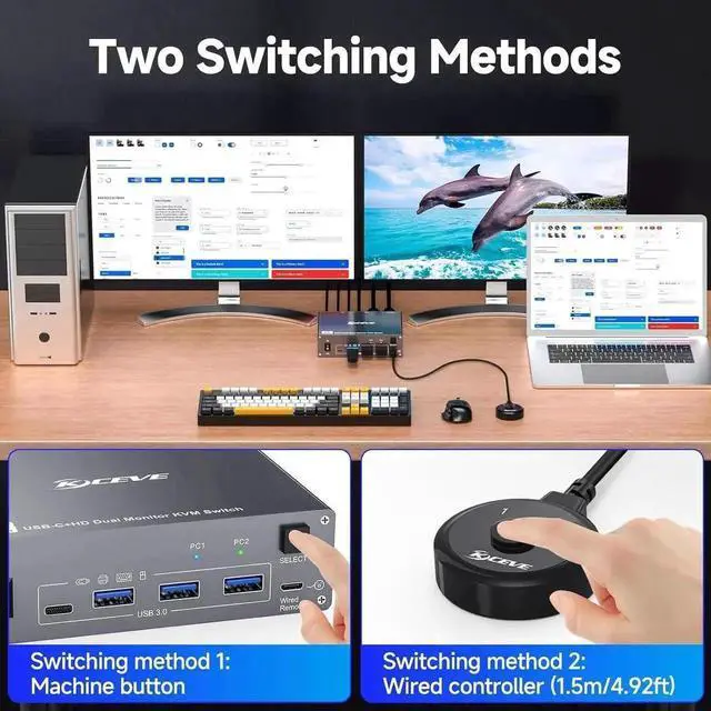 Alt view image 6 of 7 - USB C KVM Switch 4K@60Hz, USB C HDMI Dual Monitor KVM Switch for 1 PC and 1 Laptop Sharing 2 Monitor and 4 USB3.0 Devices, 100W PD for Laptop with Wired Remote Control and USB Cables Included