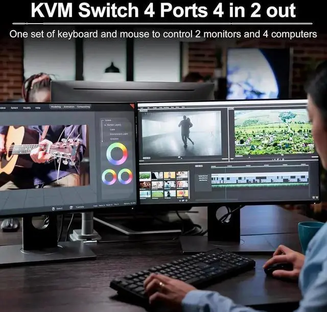 Alt view image 6 of 7 - Dual Monitor HDMI KVM Switch 2 Monitors 4 Computers Support 8K@60Hz 4K@120Hz, 4 in 2 Out HDMI KVM Switcher PC Extended Display, HDMI Monitor Switch for 4 PCs Share 2 Monitors 4 USB Devices