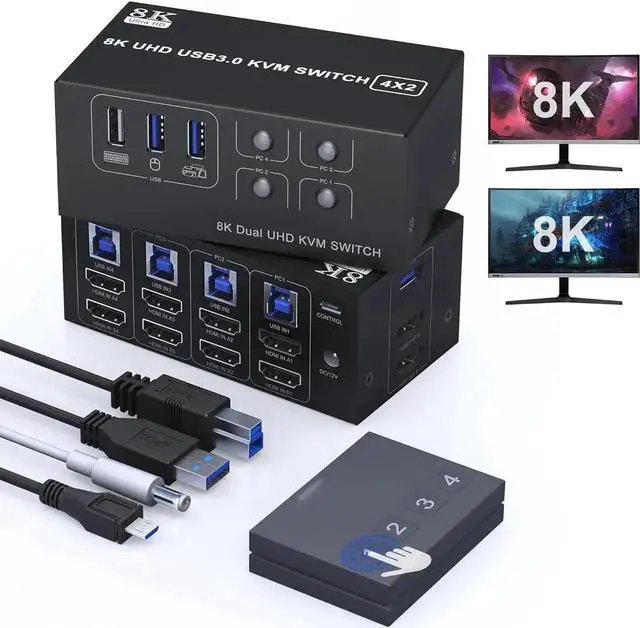 Main image of Dual Monitor HDMI KVM Switch 2 Monitors 4 Computers Support 8K@60Hz 4K@120Hz, 4 in 2 Out HDMI KVM Switcher PC Extended Display, HDMI Monitor Switch for 4 PCs Share 2 Monitors 4 USB Devices