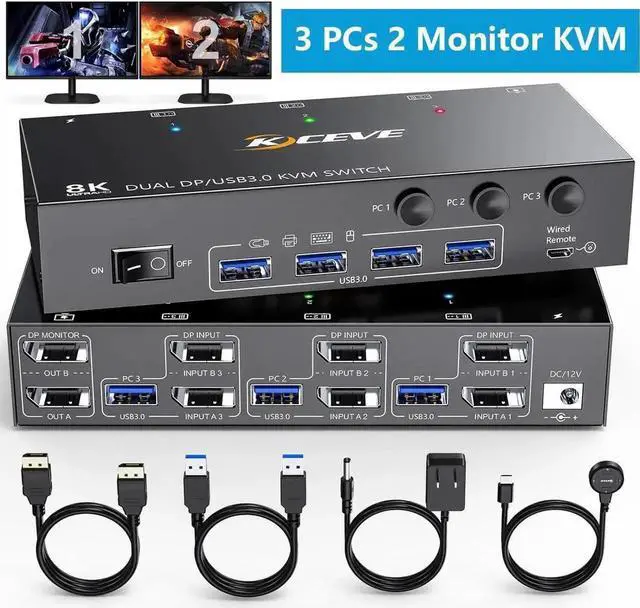Main image of Displayport KVM Switch 3 Computer 2 Monitors, Dual Monitors Displayport USB 3.0 KVM Switcher, Supports 8K@30Hz 4K@60Hz for 3 DP Computers Share 2 DP Monitors, Keyboard and Mouse, with Wired Remote