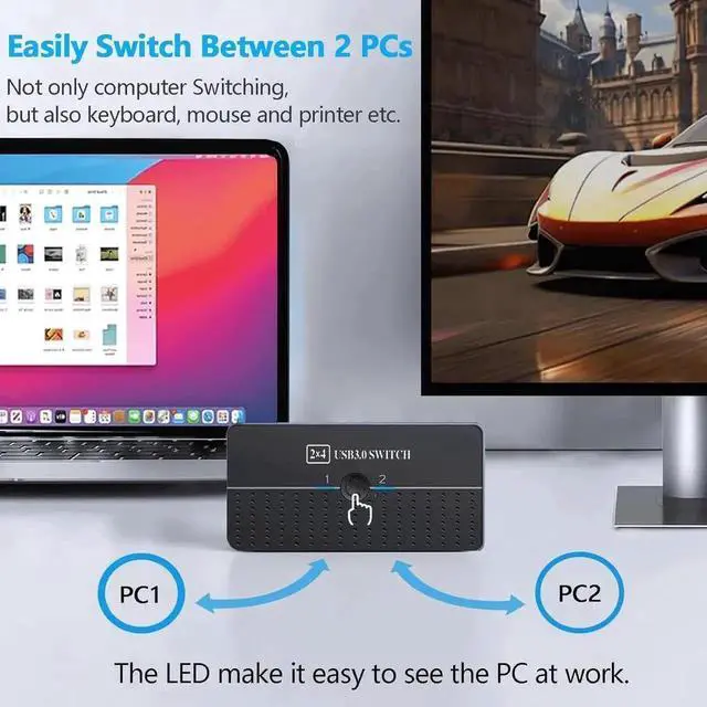 Alt view image 2 of 7 - JAENFONG USB 3.0 Switch 2 Computers Sharing USB C & A Devices, 4 Ports USB Switcher 2 in 4 Out for PC Laptop Mouse Keyboard Printer KVM Switch Selector with 3 USB Cables/1x USB A to USB-C Adapter