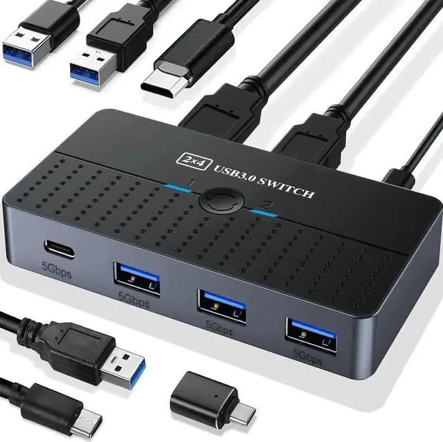 Main image of JAENFONG USB 3.0 Switch 2 Computers Sharing USB C & A Devices, 4 Ports USB Switcher 2 in 4 Out for PC Laptop Mouse Keyboard Printer KVM Switch Selector with 3 USB Cables/1x USB A to USB-C Adapter