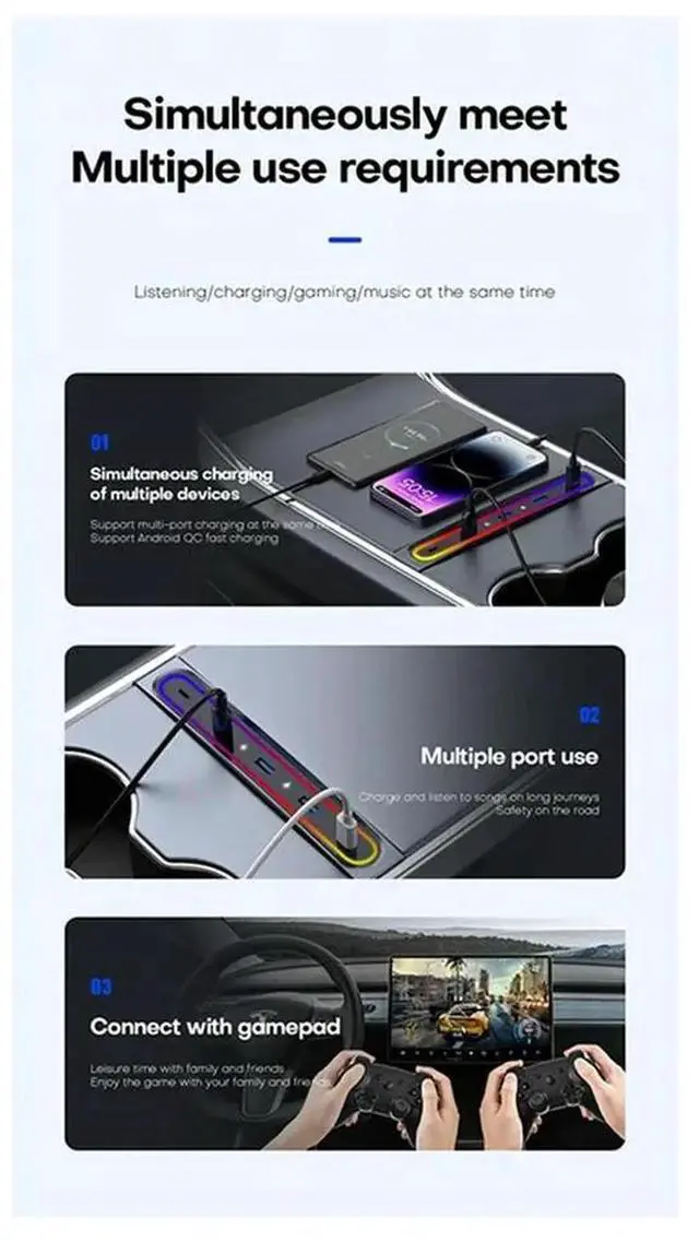 Alt view image 2 of 4 - Docking Station For Tesla Model Y Accessories 2023 Model 3 5-Port 27W Fast Charger With Led Lights Shunt Hub