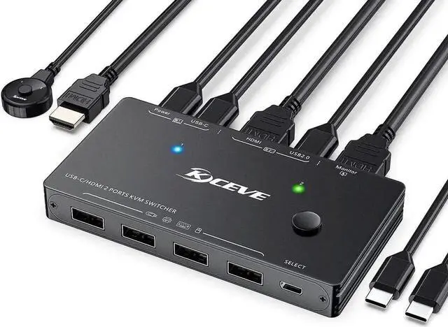 Main image of USB Type-C HDMI KVM Switch 4K@60Hz, USB C +HDMI Switch for 2 Computers Share 1 Monitor and 4 USB Devices,Compatible with Thunderbolt 3, with 100 W Power Delivery, Wired Remote and 3 Cables Included