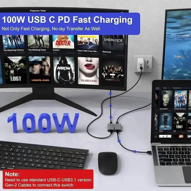 Alt view image 6 of 7 - JAENFONG 8K USB C Switch, USB C Switcher for 2 Computers - Bi Directional USB C KVM Switch Splitter, Type C Switch for 8K@60Hz/4K@144Hz Video Transfer + 100W Charging+10Gbps Data, with Power Cable