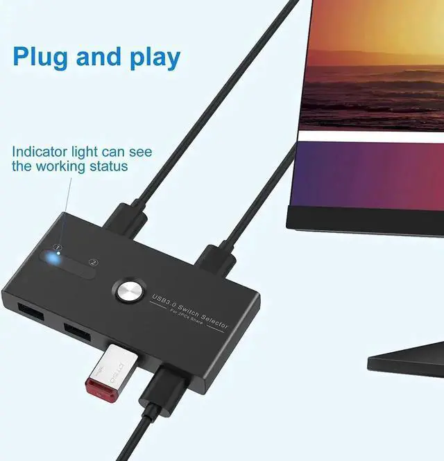 Alt view image 7 of 7 - USB 3.0 KVM Switch Selector 2 Computers Sharing 4 USB Devices 4 Port USB Peripheral Switcher Box 2 in 4 Out with One-Button Swapping 2 Pack USB 3.0 Cable for Mouse, Keyboard, Scanner,Printer,Computer