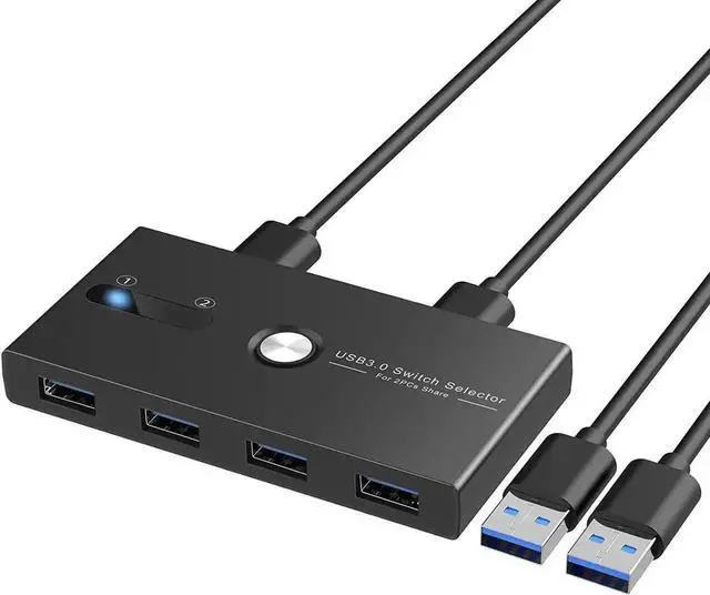 Main image of USB 3.0 KVM Switch Selector 2 Computers Sharing 4 USB Devices 4 Port USB Peripheral Switcher Box 2 in 4 Out with One-Button Swapping 2 Pack USB 3.0 Cable for Mouse, Keyboard, Scanner,Printer,Computer