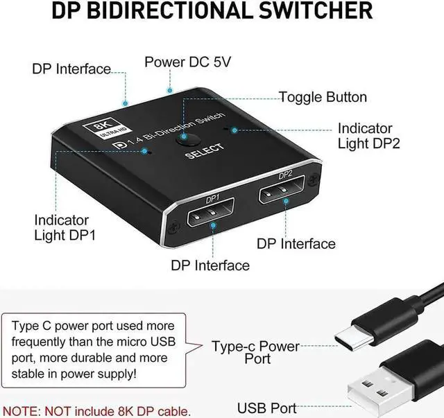 Alt view image 5 of 7 - JAENFONG DisplayPort Switch DP 1.4 Switcher 8K,AUBEAMTO DisplayPort 1.4 Switch 2 in 1 Out Bi-Directional 8K@30Hz/4K@120Hz/1080P @ 240Hz DP KVM Splitter 1 in 2 Out(not Work simultaneously)