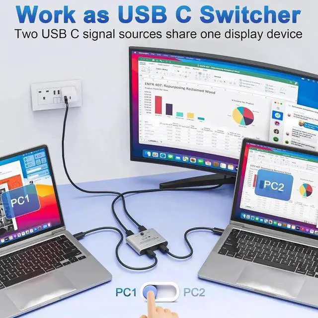 Alt view image 7 of 7 - JAENFONG 8K USB C Switch, Bi-Directional USB-C KVM Switcher, Supports 8K@60Hz/4K@144Hz Video, 100W Power Delivery and 10Gbps Data Transfer with Power Cable, Compatible with Windows Mac OS, Linux