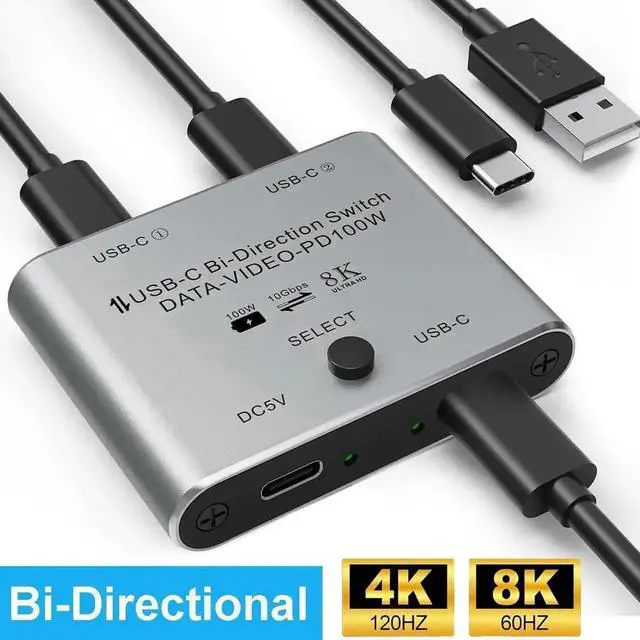 Main image of JAENFONG 8K USB C Switch, Bi-Directional USB-C KVM Switcher, Supports 8K@60Hz/4K@144Hz Video, 100W Power Delivery and 10Gbps Data Transfer with Power Cable, Compatible with Windows Mac OS, Linux