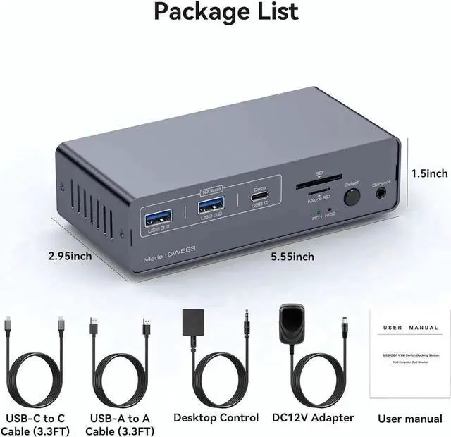 Alt view image 7 of 7 - JAENFONG USB 3.2 USB C Displayport KVM Switch Docking Station, 4K@120Hz, Type C + Displayport KVM Switch Dual Monitor Displayport for 1 Laptop 1 Desktop Share 2 Monitors and USB Devices, 13-in-1 Dock