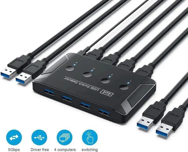 Main image of JAENFONG 4 Ports USB 3.0 Switch 4 in 4 Out, Premium USB Switcher Computers Sharing 4 USB Devices for Keyboard Mouse Printer Scanner, Peripheral Switcher Box Compatible with Mac/Windows/Linux