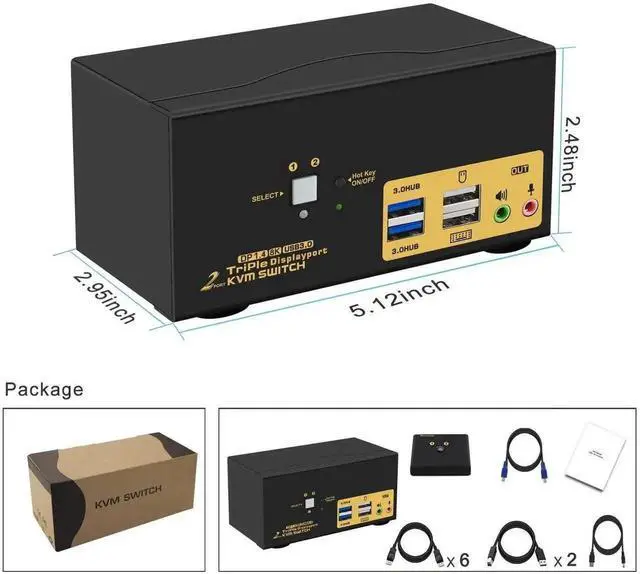 Alt view image 6 of 6 - 2 Port USB 3.0 Triple Monitor Displayport KVM Switch, DP 1.4 Support 8K@30Hz 4K@144Hz, KVM Switches 2 Computers 3 Monitors Video Keyboard Mouse Peripheral Audio Sharing Selector Box with Cables