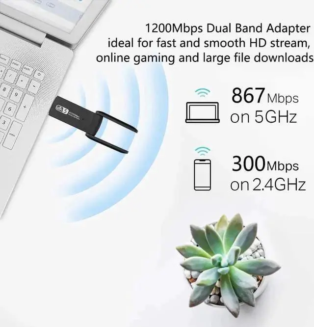 Alt view image 2 of 7 - WiFi Adapter 1200Mbps, USB Wireless Network Adapter Dual Band 5GHz & 2.4GHz with High Gain Antennas WiFi Dongle for PC/Desktop, Compatible with Windows XP,10,8.1,7,Vista and Mac OS 10.9~10.15