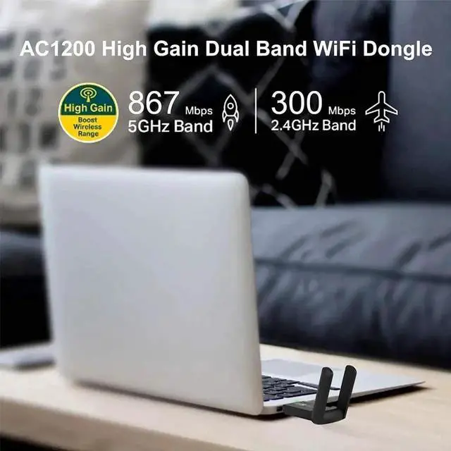 Alt view image 5 of 7 - 1200Mbps USB WiFi Adapter, AC1200 Dual Band WiFi Dongle Receiver, Support 5Ghz 867Mbps 2.4Ghz 300Mbps, USB 3.0 Wireless Adapter for PC / Desktop / Laptop Windows10 / 8.1 / 8/7 / XP, Mac 10.5-10.15