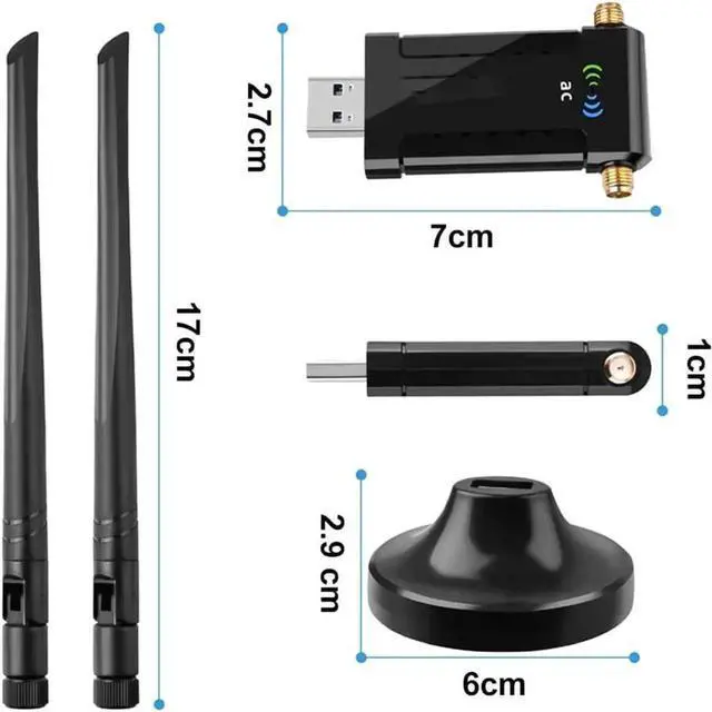 Alt view image 7 of 7 - JAENFONG 1200Mbps WiFi Adapter, Dual Band USB Wifi Dongle (5.8G/867Mbps+2.4G/300Mbps) Network Adapter with USB 3.0 Cradle and Extension Cable for PC Desktop Laptop Support Windows 10/8/7 Mac OS