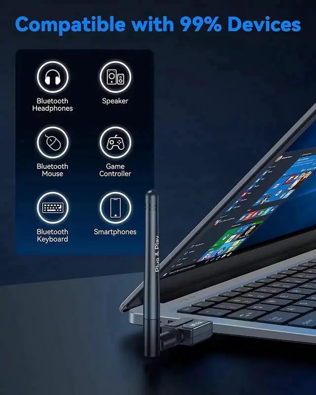 Alt view image 7 of 7 - JAENFONG USB Bluetooth 5.3 Dongle Adapter for PC Laptop Computer Desktop, Bluetooth Adapter, Low Latency EDR Bluetooth Receiver for Bluetooth Keyboard Mouse, Support Windows 10/11/8.1 (Plug and Play)