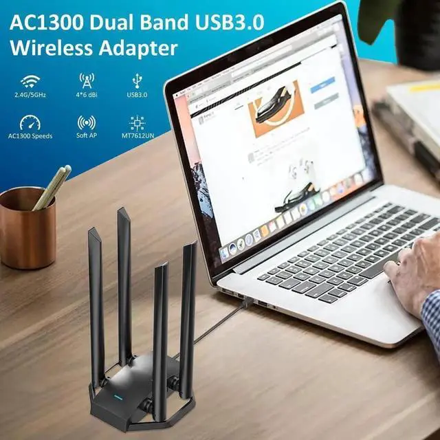 Alt view image 5 of 7 - USB WiFi Adapter for Desktop PC, AC1300Mbps USB Wireless Adapter Dual Band 2.4GHz 400Mbps + 5.8GHz 867Mbps, 4x 6dBi High Gain Antennas, USB 3.0 WiFi Dongle for Windows 7/8/8.1/10/11, XP, Linux