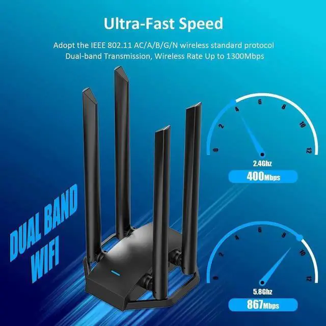 Alt view image 7 of 7 - USB WiFi Adapter for Desktop PC, AC1300Mbps USB Wireless Adapter Dual Band 2.4GHz 400Mbps + 5.8GHz 867Mbps, 4x 6dBi High Gain Antennas, USB 3.0 WiFi Dongle for Windows 7/8/8.1/10/11, XP, Linux
