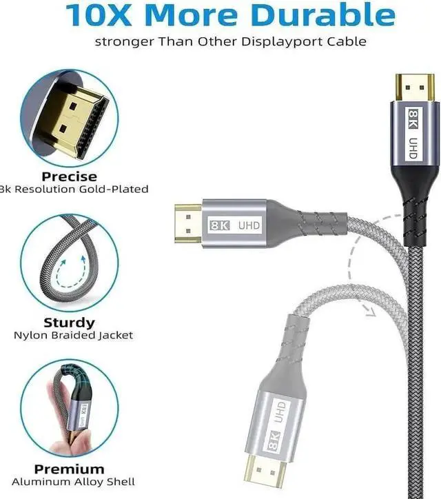 Alt view image 2 of 7 - JAENFONG 8K HDMI Cable Ultra High-Speed 2.1 Cable- 3.3ft 2-Pack - 48Gbps with eARC, 8K at 60Hz for Superior Video and Sound Quality - HDMI Cable for Monitor, Smart TV, Xbox, PS5, and Apple TV