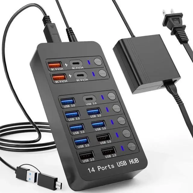 Main image of JAENFONG Powered USB 3.0 Hub, 14 Ports USB Splitter Hub (10 Faster Data Transfer Ports + 4 Smart USB Charging Port) USB Hub with LED Individual On/Off Switches for PC, Laptop, Desktop
