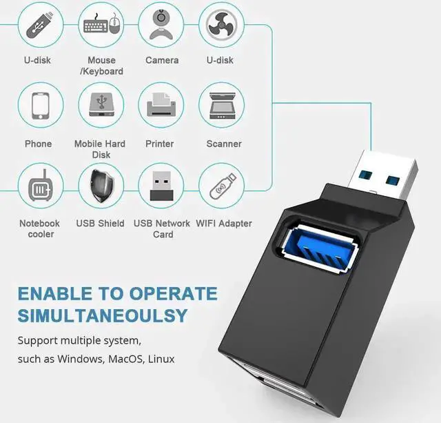 Alt view image 5 of 7 - JAENFONG 3 Port USB Hub High Speed Splitter Plug and Play Bus Powered, USB 3.0 to USB 3.0 and USB 2.0 Hub USB 2.0 with Lanyard, Black