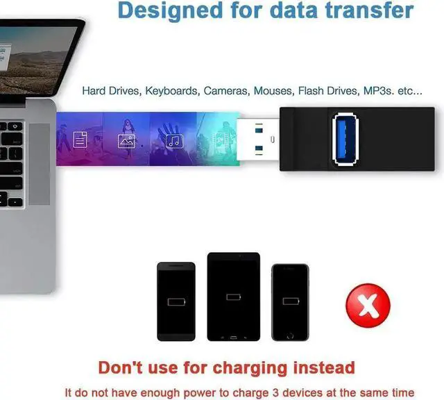 Alt view image 3 of 7 - JAENFONG 3 Port USB Hub High Speed Splitter Plug and Play Bus Powered, USB 3.0 to USB 3.0 and USB 2.0 Hub USB 2.0 with Lanyard, Black