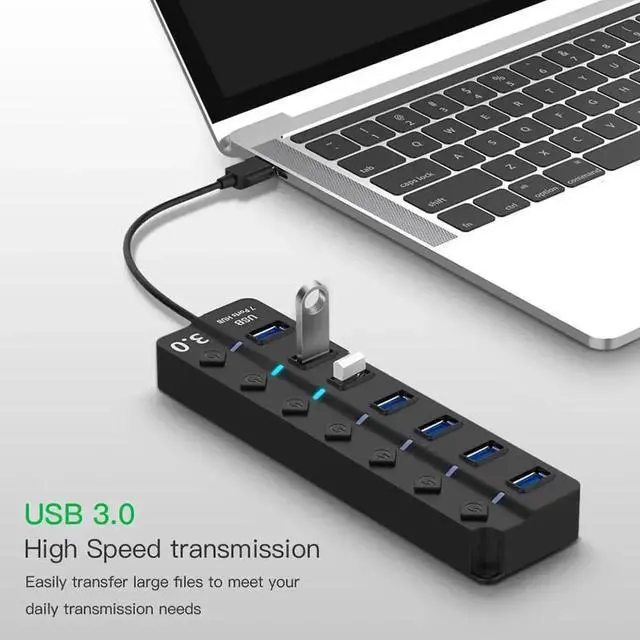 Alt view image 5 of 7 - JAENFONG USB Hub 3.0, 4-Port USB Data Hub Splitter with One Smart Charging Port Individual On/Off Switches and Power LED, USB Extension for MacBook, Mac Pro/Mini and More