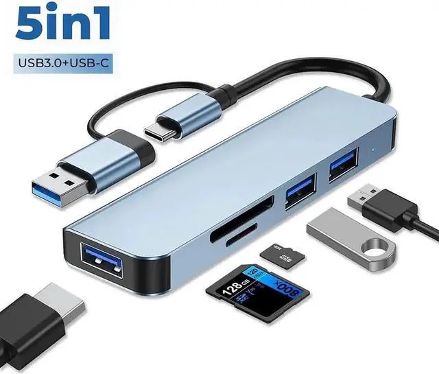Main image of JAENFONG [5 in 1] USB & Type C Hub, Multiple USB Hub 3.0 & TF/SD Card Reader, USB Splitter 5 Ports USB Extender Compatible with Mac-Book/Pad Pro/Dell/HP Laptop/Phones