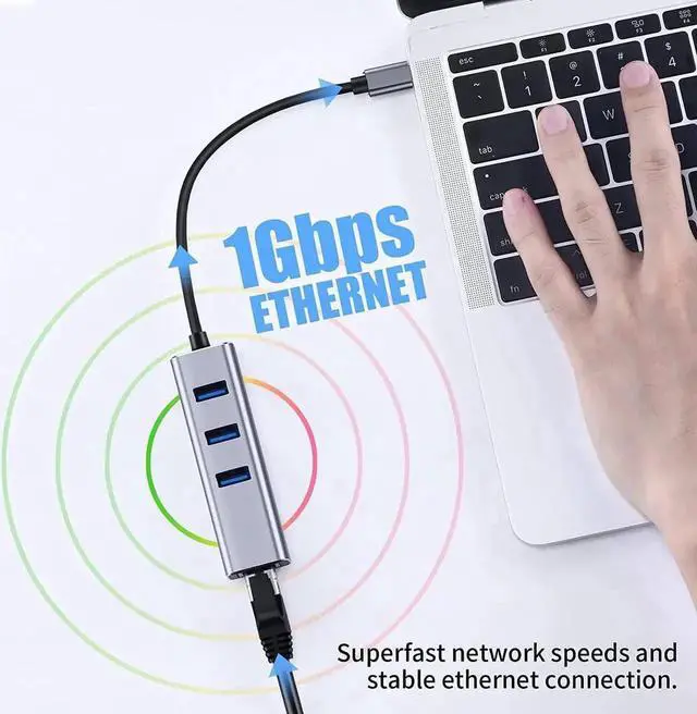 Alt view image 4 of 7 - USB C to Ethernet Adapter with 3 Port USB 3.0, Type C Hub with RJ45 10/100/1000 Gigabit Ethernet 4- in-1 USB C Hub Compatible for Mac-Book Pro 2021/2020/2019/2018/2017,Air, D-e-l-l XPS and More
