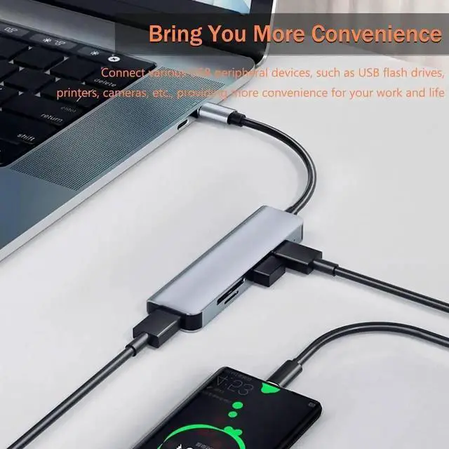 Alt view image 2 of 7 - JAENFONG 5-in-1 USB Hub with SD/Micro SD Card Reader Ports and Three USB Ports,SD Card hub for Laptop, PC, MacBook Pro, iPad Pro, and More, with USB-C and USB-A Interfaces