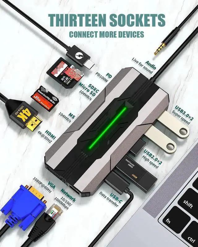 Alt view image 3 of 7 - USB C Hub Laptop Type-C Docking Station, 13 in 1 USB C Hub Multiport Adapter Dongle with 4K HDMI, VGA, 100W PD Charging, Ethernet, SD/TF, 2*USB 3.0&USB 2.0, 1*USB C, Mic/Audio for Laptop Mac-book