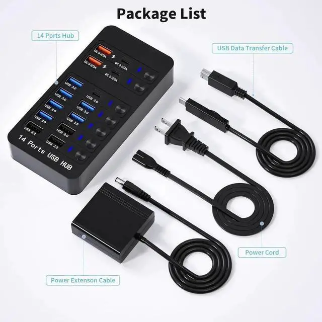 Alt view image 2 of 7 - JAENFONG Powered USB 3.0 Hub, 14 Ports USB Splitter Hub (10 Faster Data Transfer Ports + 4 Smart USB Charging Port) USB Hub with LED Individual On/Off Switches for PC, Laptop, Desktop