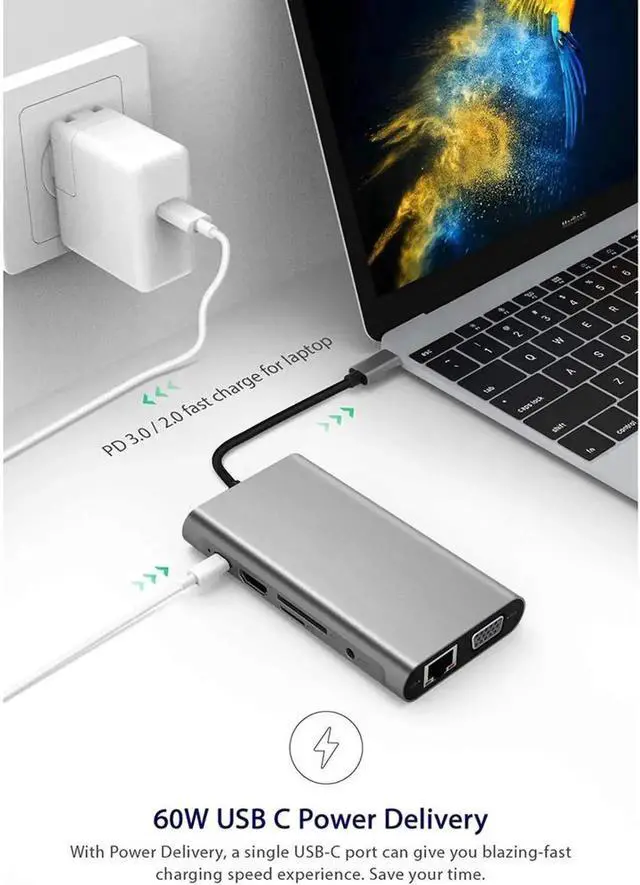 Alt view image 7 of 7 - USB C Hub, 11 in 1 USB C Adapter with Gigabit Ethernet Port, PD Type C Charging Port, 4K HDMI, VGA, SD TF Card Reader, 4 USB 3.0 Ports and Audio Mic Port Compatible for MacBook, ChromeBook More