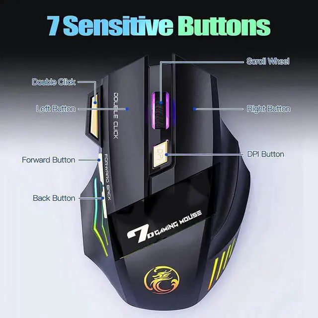 Alt view image 6 of 7 - RGB Wireless Gaming Mouse, Rechargeable Silent Click Gaming Mouse with 2.4G USB Receiver, 3 Adjustable DPI [1200-2400-3200DPI] , 7 Sensitive Buttons Ergonomic RGB Gaming Mouse for Laptop PC Mac