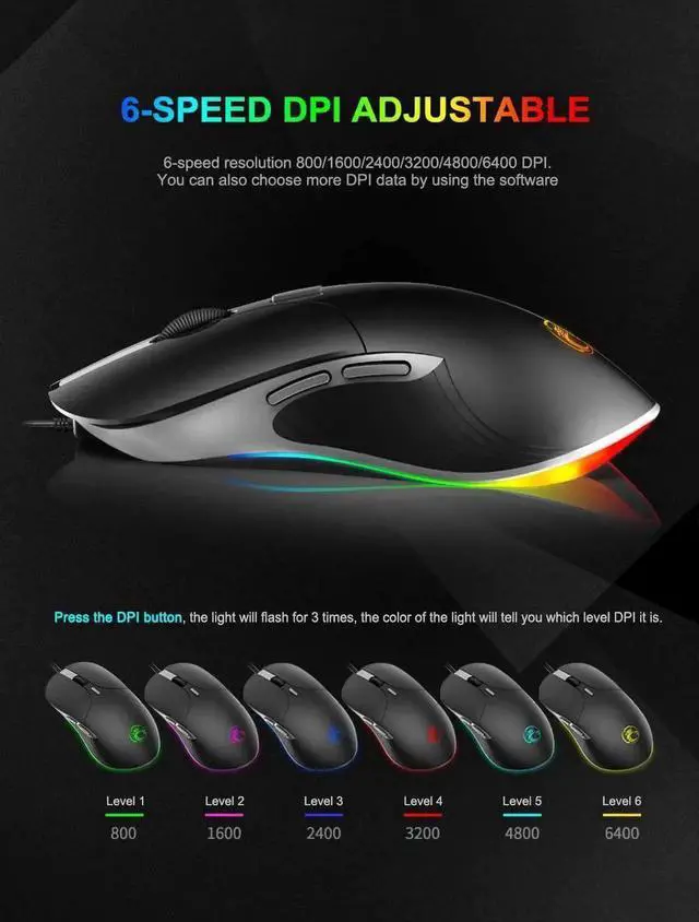 Alt view image 6 of 7 - JAENFONG RGB Wired Gaming Mouse, Wired Mouse Gaming with Chroma RGB Lighting, 6 Programmable Buttons, 6400 DPI, Computer Mouse for Laptop, USB Mouse with 1.8m cable for Windows PC Gamer
