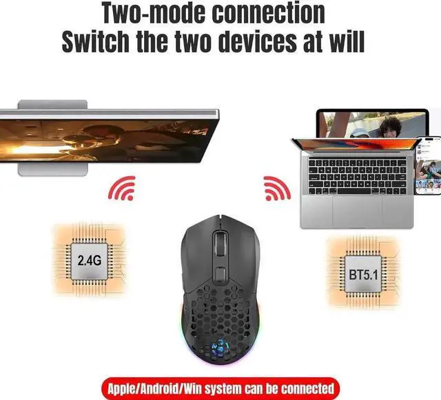 Alt view image 2 of 6 - JAENFONG Lightweight Gaming Mouse, Rechargeable Wireless Gaming Mouse, (Bluetooth 5.1 + 2.4Ghz RF) Dual Mode Wireless Mouse with USB Receiver RGB Backlight Computer Mouse for Laptop PC (Black)