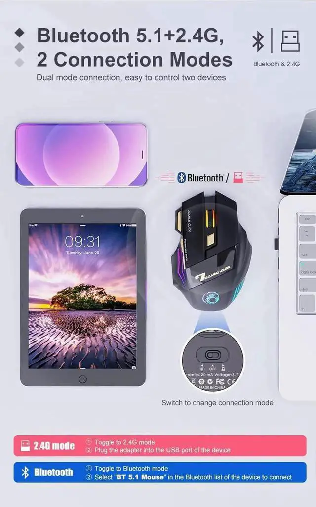 Alt view image 6 of 7 - Dual Mode Wireless Gaming Mouse, Rechargeable USB 2.4G + Bluetooth 5.1 Wireless Mice, with 7-Color Rainbow Luminous, 3 adjustable DPI levels(up to 3200 dpi), Optical Effect Gaming Mice (Classic Black)