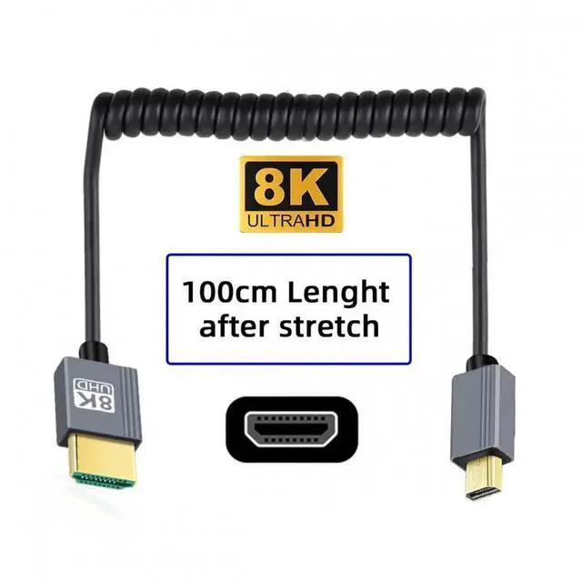 Alt view image 2 of 7 - JAENFONG HDMI 2.1 Male Type-D to HDMI Male 8K 60hz Stretch Coiled Cable 100cm for HDTV Camera Laptop Monitor