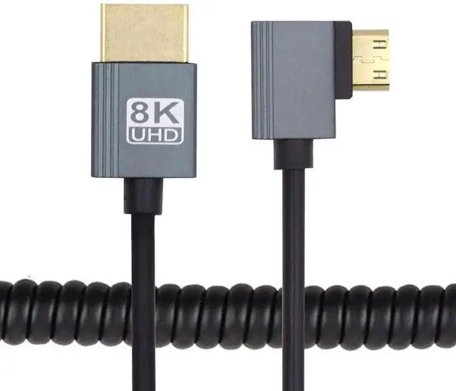 Main image of JAENFONG 90 Degree Left Angled Mini HDMI 2.1 Male to HDMI Male 8K 60hz Stretch Coiled Cable 100cm for HDTV Computer Laptop Monitor