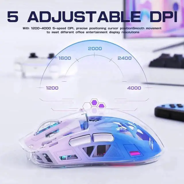 Alt view image 2 of 7 - Transparent Wireless Gaming Mouse, Dual Mode BT 5.0/2.4G PC Gaming Mice, PixArt 3212 5 Adjustable DPI, Rechargeable Silent Mouse with Digital Screen, RGB Backlight Mouse for Win/Mac (Purple)