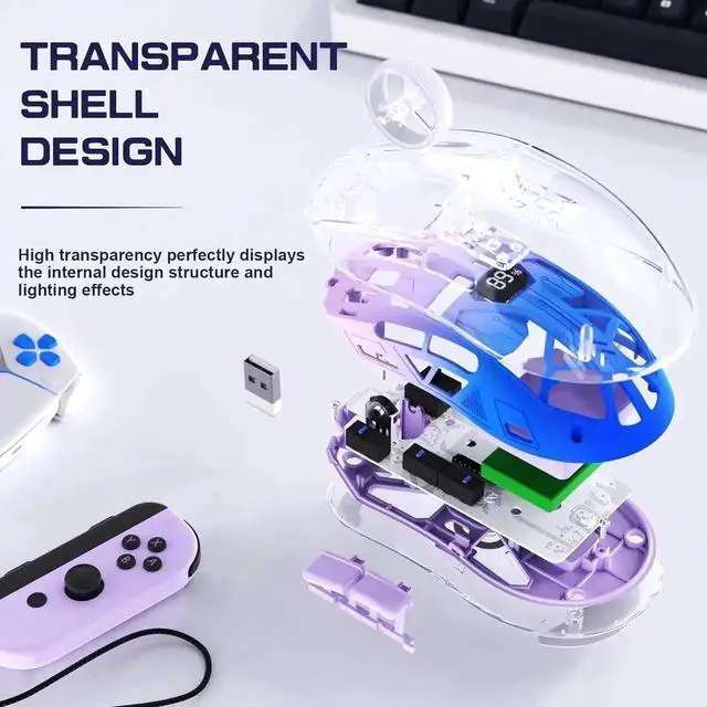 Alt view image 6 of 7 - Transparent Wireless Gaming Mouse, Dual Mode BT 5.0/2.4G PC Gaming Mice, PixArt 3212 5 Adjustable DPI, Rechargeable Silent Mouse with Digital Screen, RGB Backlight Mouse for Win/Mac (Purple)