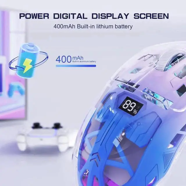 Alt view image 7 of 7 - Transparent Wireless Gaming Mouse, Dual Mode BT 5.0/2.4G PC Gaming Mice, PixArt 3212 5 Adjustable DPI, Rechargeable Silent Mouse with Digital Screen, RGB Backlight Mouse for Win/Mac (Purple)