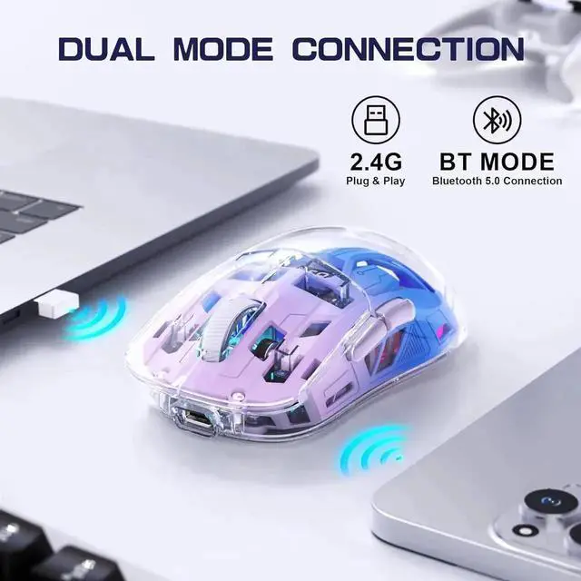 Alt view image 5 of 7 - Transparent Wireless Gaming Mouse, Dual Mode BT 5.0/2.4G PC Gaming Mice, PixArt 3212 5 Adjustable DPI, Rechargeable Silent Mouse with Digital Screen, RGB Backlight Mouse for Win/Mac (Purple)