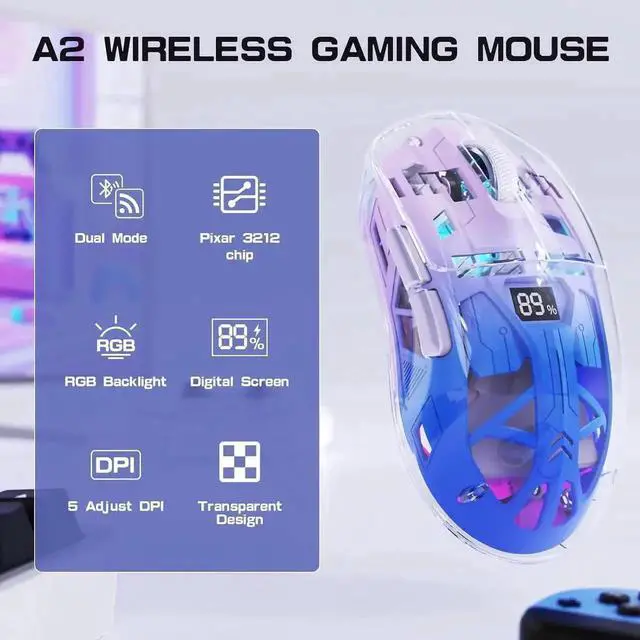 Alt view image 3 of 7 - Transparent Wireless Gaming Mouse, Dual Mode BT 5.0/2.4G PC Gaming Mice, PixArt 3212 5 Adjustable DPI, Rechargeable Silent Mouse with Digital Screen, RGB Backlight Mouse for Win/Mac (Purple)